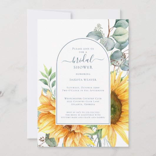 グリーンエレガントユーカリひまわりブライダルシャワー 招待状 (正面)