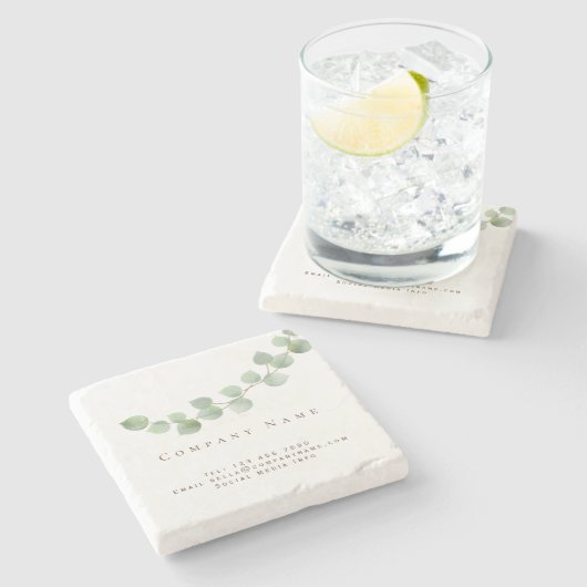 グリーンエレガントユーカリプタスリーフブランチ社名 ストーンコースター (横)