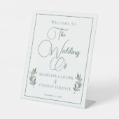 グリーンエレガントユーカリプタスリーフ秋の結婚式ウェルカム 台座サイン (正面)