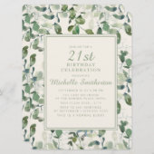 グリーンエレガントユーカリ葉ス21歳の誕生日 招待状 (正面/裏面)