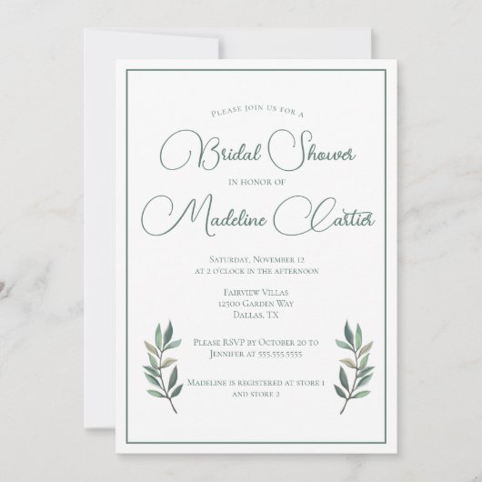 グリーンエレガントユーカリ葉モダンブライダルシャワー 招待状 (正面)