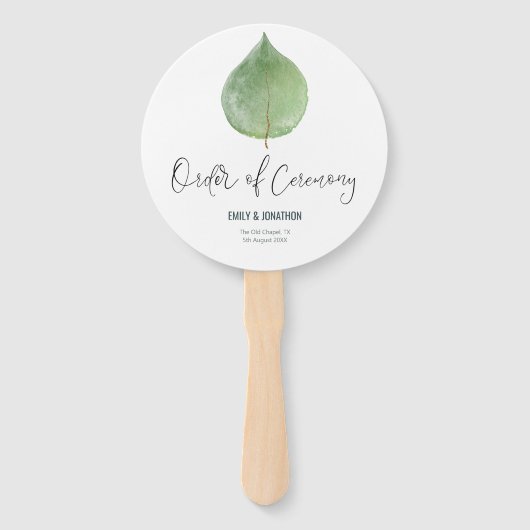 グリーンエレガントユーカリ葉結婚式 プログラム ハンドファン (正面)