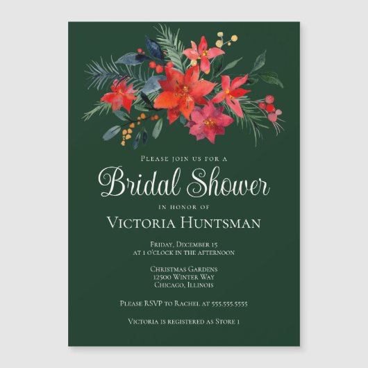 グリーンエレガントレッドクリスマスフローラブライダルシャワー マグネット招待状 (正面)