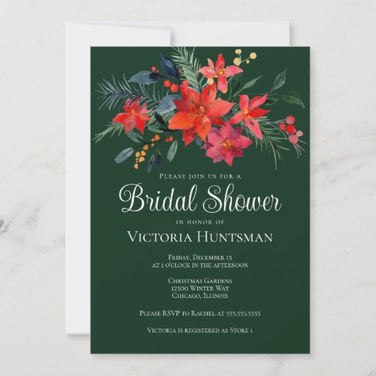 グリーンエレガントレッドクリスマスフローラブライダルシャワー 招待状 (正面)