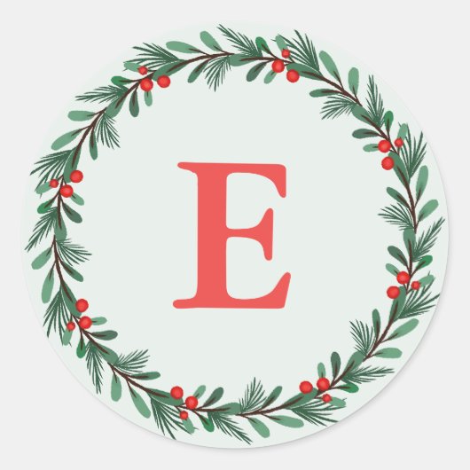 グリーンエレガントレッドモノグラムクリスマスリース ラウンドシール (正面)