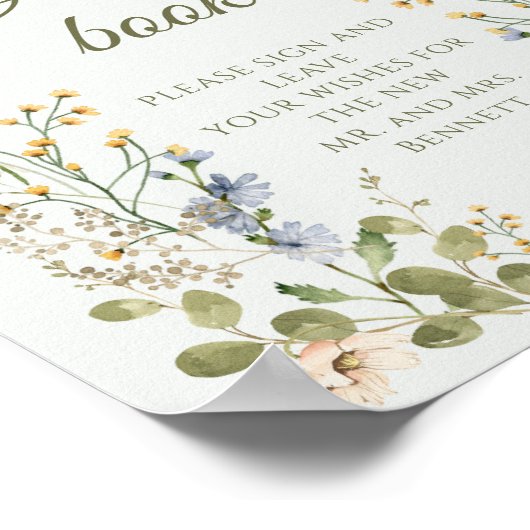 グリーンエレガントワイルドフラワーパステル結婚ズゲストブック ポスター (角)
