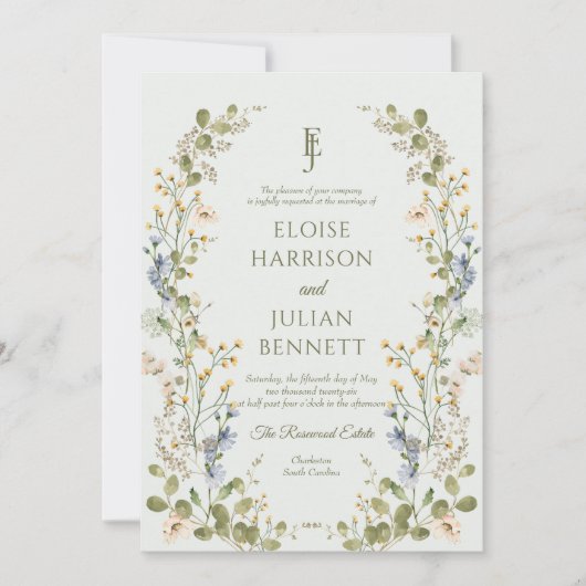 グリーンエレガントワイルドフラワーパステル結婚ズ 招待状 (正面)