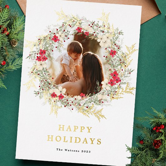 グリーンエレガントワン写真楽しいクリスマス金ゴールド 箔シーズンカード