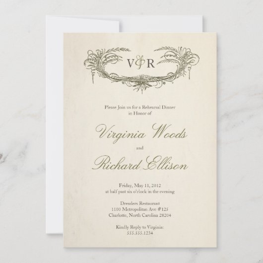 グリーンエレガントヴィンテージフローリハーサルディナー 招待状 (正面)