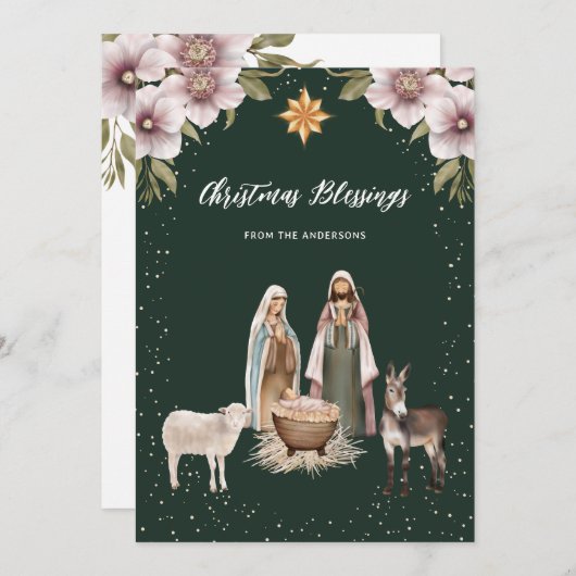 グリーンエレガント出生クリスチャンクリスマスカード シーズンカード (正面/裏面)