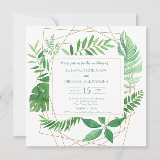 グリーンエレガント春又は夏庭園の結婚式 招待状 (正面)