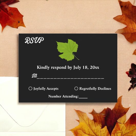 グリーンエレガント紅葉ブラックフローラ結婚ズ 出欠カード