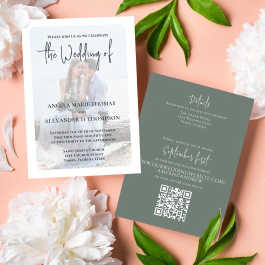 グリーンエレガント結婚写真テンプレート 招待状