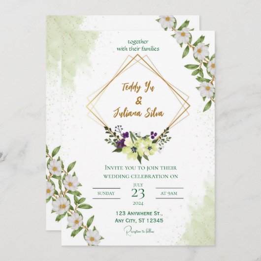 「グリーンエレガント結婚式招待状:自然インスパイア- 招待状 (正面/裏面)