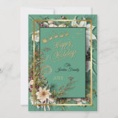 グリーンエレガント金ゴールドとフローラクリスマスカード シーズンカード (正面)