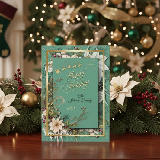 グリーンエレガント金ゴールドとフローラクリスマスカード シーズンカード