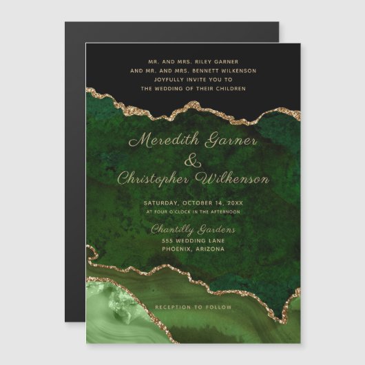 グリーンエレガント金ゴールドアゲートグリッター結婚ズ マグネット招待状 (正面/裏面)