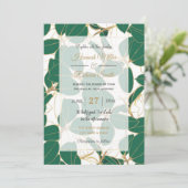 グリーンエレガント金ゴールドゴム植物群葉デザイン 招待状 (スタンド正面)