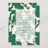 グリーンエレガント金ゴールドゴム植物群葉デザイン 招待状 (正面/裏面)