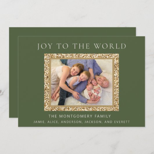 グリーンエレガント金ゴールドジョイクリスマスホリデーフォト シーズンカード (正面/裏面)