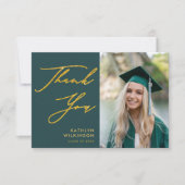 グリーンエレガント金ゴールドスシンプルクリプト写真卒業 サンキューカード (正面)