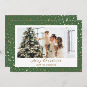 グリーンエレガント金ゴールドスター写真メリークリスマス シーズンカード (正面/裏面)