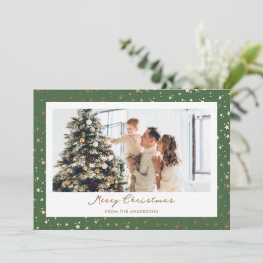 グリーンエレガント金ゴールドスター写真メリークリスマス シーズンカード (スタンド正面)