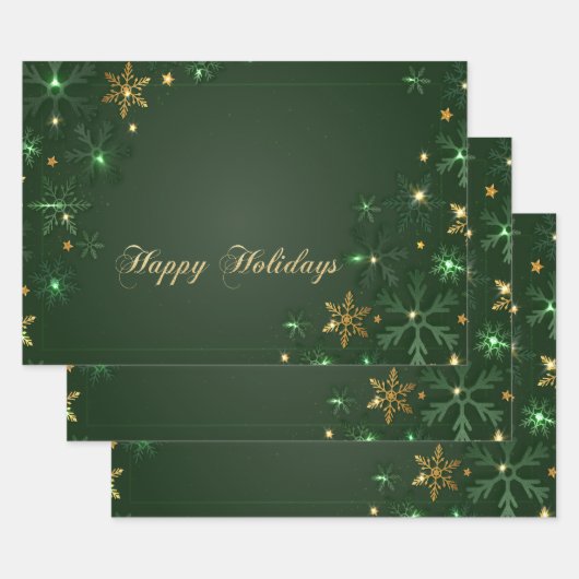 グリーンエレガント金ゴールドスノーフレーク ラッピングペーパーシート (セット)