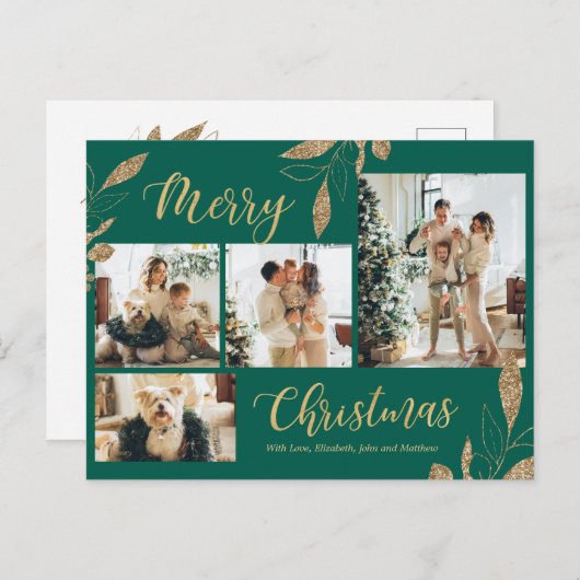 グリーンエレガント金ゴールドフォトコラージュクリスマス ポストカード (正面/裏面)