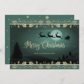 グリーンエレガント金ゴールドホリーサンタメリークリスマス シーズンカード (正面/裏面)