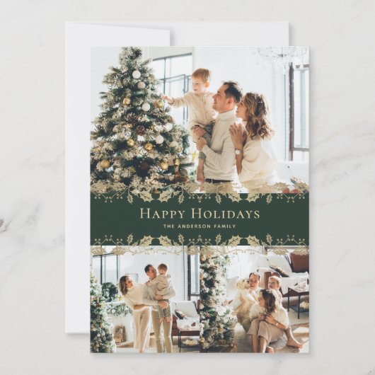 グリーンエレガント金ゴールドホリーフォトハッピーホリデーズ シーズンカード (正面)