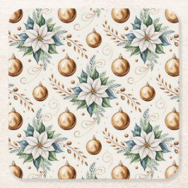 グリーンエレガント金ゴールドホワイトクリスマスポインセチア スクエアペーパーコースター