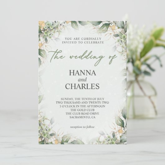 グリーンエレガント金ゴールドミントクリームユーカリ 招待状 (スタンド正面)