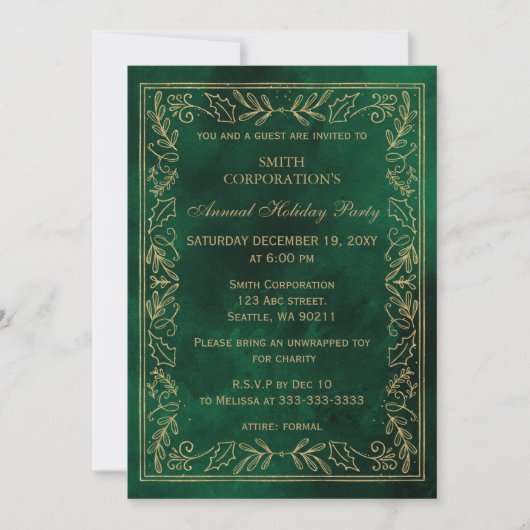 グリーンエレガント金ゴールド企業のホリデーパーティー 招待状 (正面)