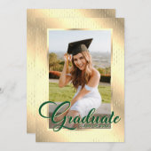 グリーンエレガント金ゴールド写真卒業パーティー 招待状 (正面/裏面)