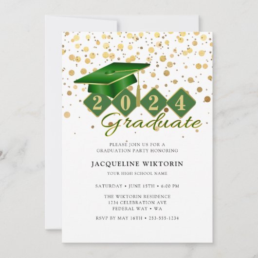 グリーンエレガント金ゴールド卒業写真パーティー 招待状 (正面)