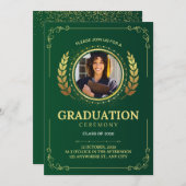 グリーンエレガント金ゴールド卒業式 招待状 (正面/裏面)