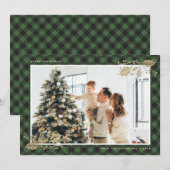 グリーンエレガント金ゴールド格子模様フォトクリスマスカード シーズンカード (正面/裏面)