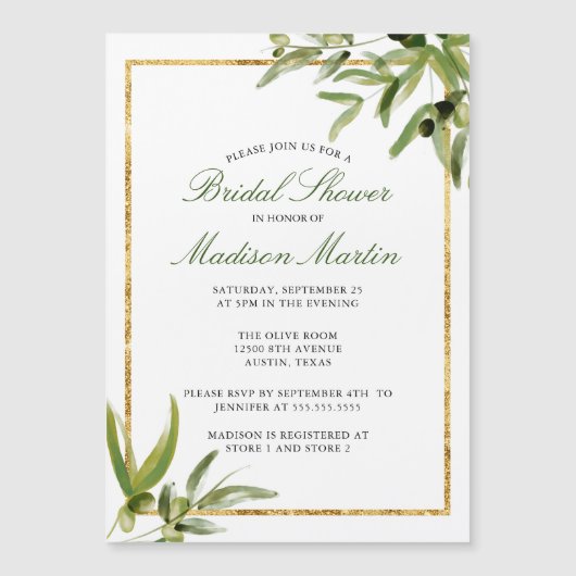 グリーンエレガント金ゴールド植物学つる植物ブライダルシャワー マグネット招待状 (正面)