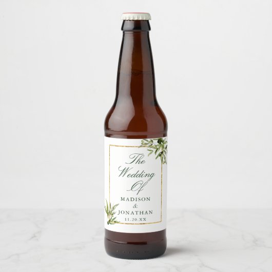 グリーンエレガント金ゴールド植物式カスタムウェディング ビールラベル (正面)
