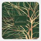 グリーンエレガント金ゴールド秋の木スケッチ スクエアシール (正面)