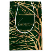 グリーンエレガント金ゴールド秋の木スケッチ ミディアムペーパーバッグ (正面)