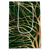 グリーンエレガント金ゴールド秋の木スケッチ ミディアムペーパーバッグ (裏面)