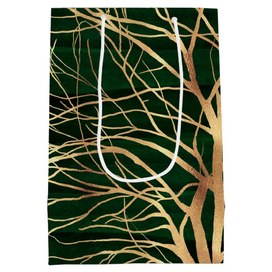 グリーンエレガント金ゴールド秋の木スケッチ ミディアムペーパーバッグ (裏面)