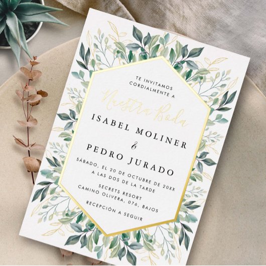 グリーンエレガント金ゴールド葉ヌエストラ結婚ボーダ 箔招待状
