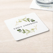 グリーンエレガント金ゴールド葉水色リース スクエアペーパーコースター (アングル)