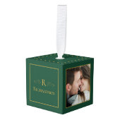 グリーンエレガント3フォトカスタムクリスマス キューブオーナメント (正面アングル)