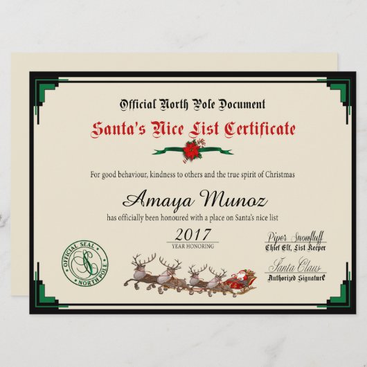 グリーンエレガント&アイボリーサンタのナイスリスト シーズンカード (正面/裏面)