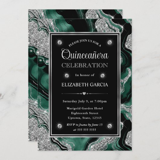 グリーンエレガント&シルバーグリッターアゲートキンセアニェラ 招待状 (正面/裏面)