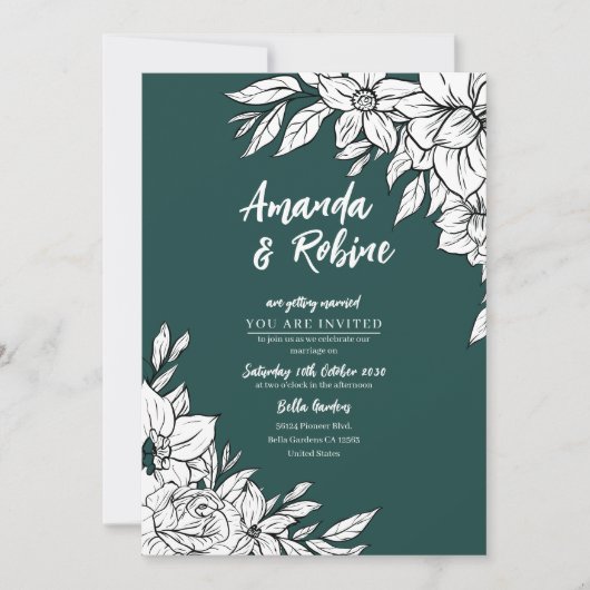 グリーンエレガント&ホワイトフローラ結婚式招待状 招待状 (正面)